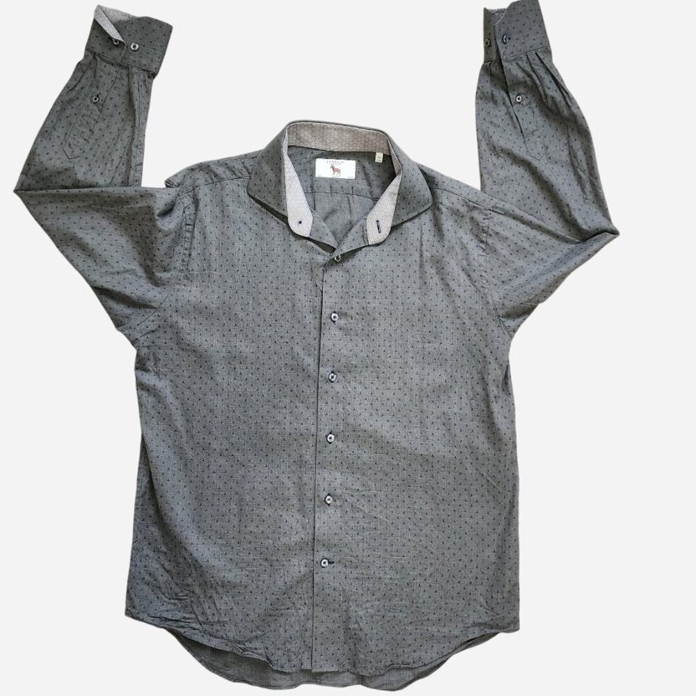 Lorenzo Uomo grey and blue button-up patterned long sleeve shirt - size Medium